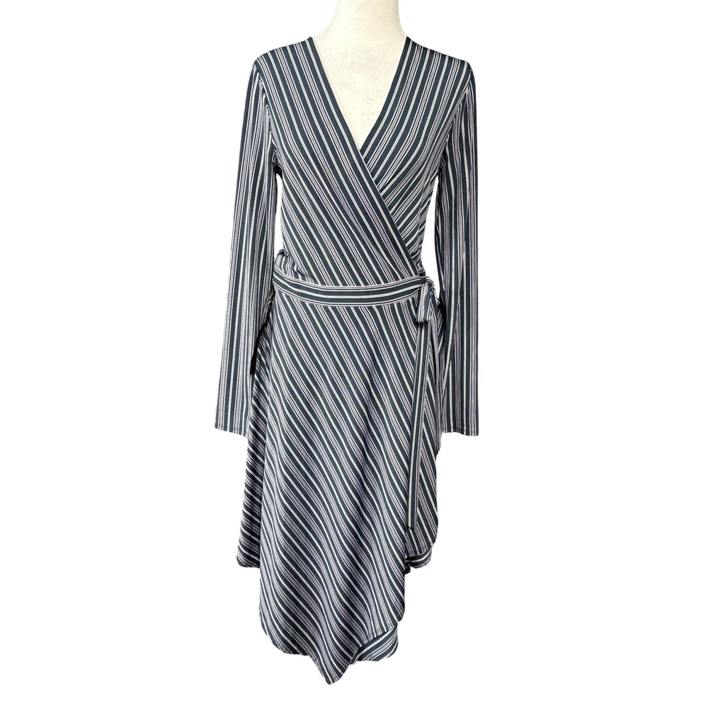 BCBGMAXAZRIA Wrap‎ Dress Womens M Blue Striped Asymmetrical Hem Long Sleeve